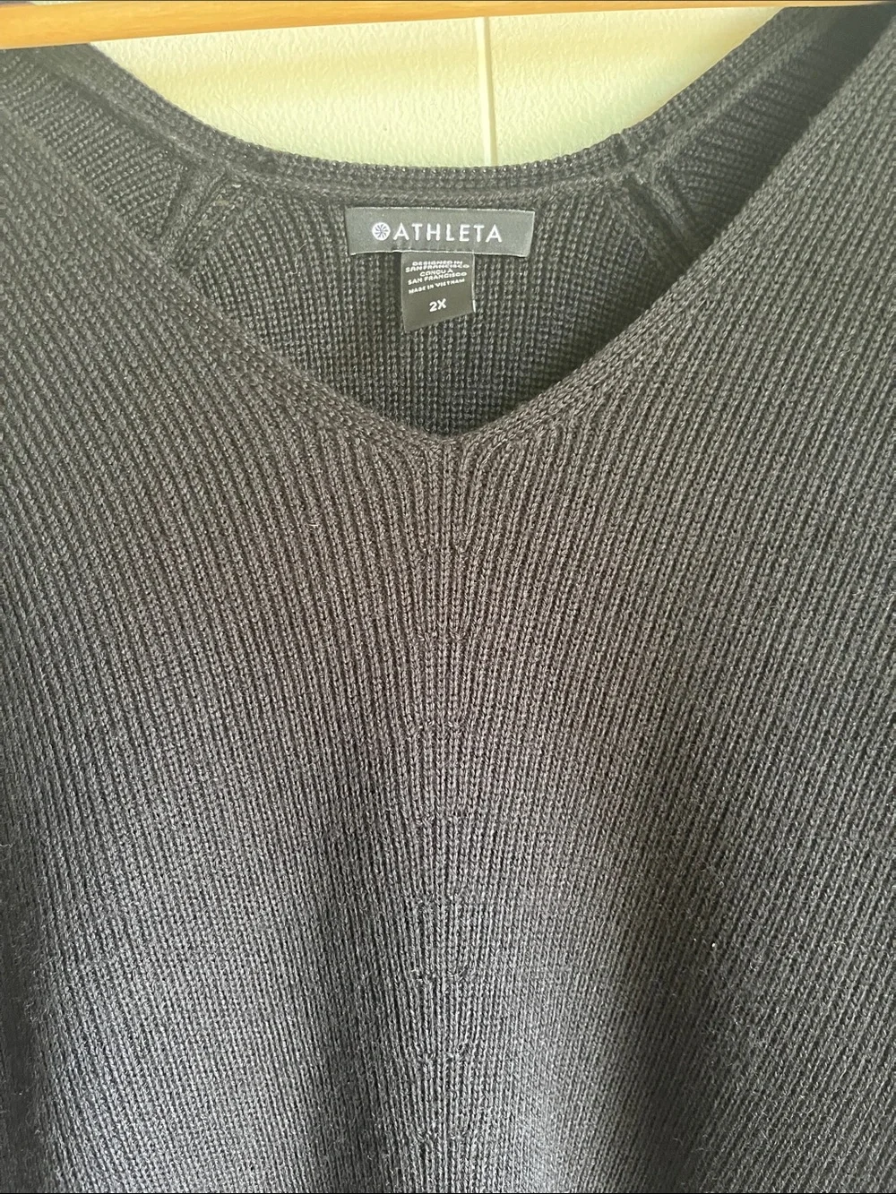 NWT Athleta Hanover Refined Black V-Neck Ribbed Merino Wool Pullover Sweater 2X